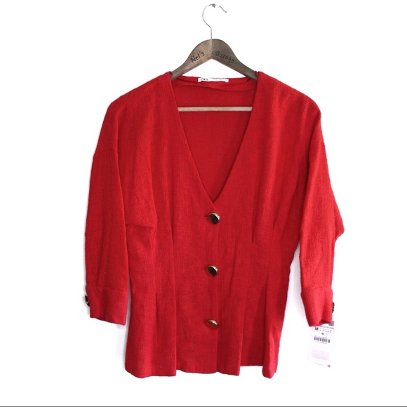 Zara NWT Red Textured Chunky Button Top M - Picture 2 of 11